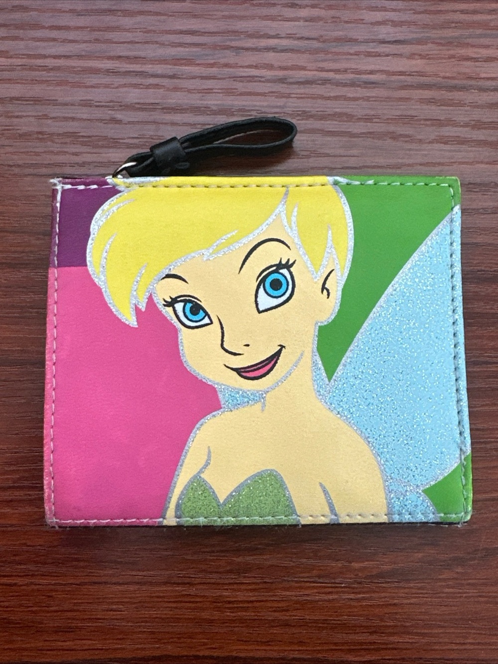 Vintage Disney Parks Tinkerbell Small Wallet Green Pink Glitter Bi-Fold Zipper